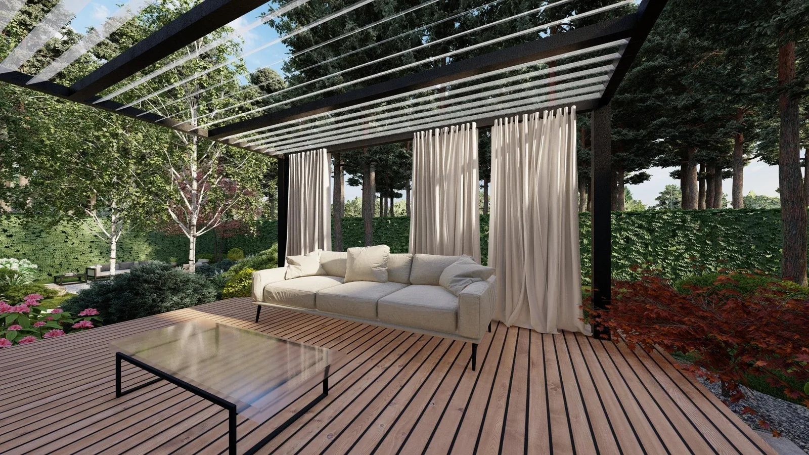 Render: Pergola with curtains off the deck