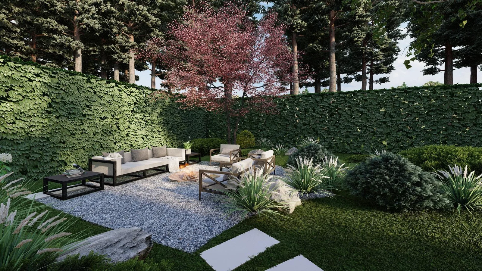 Render: Fire court on gravel, hedge behind