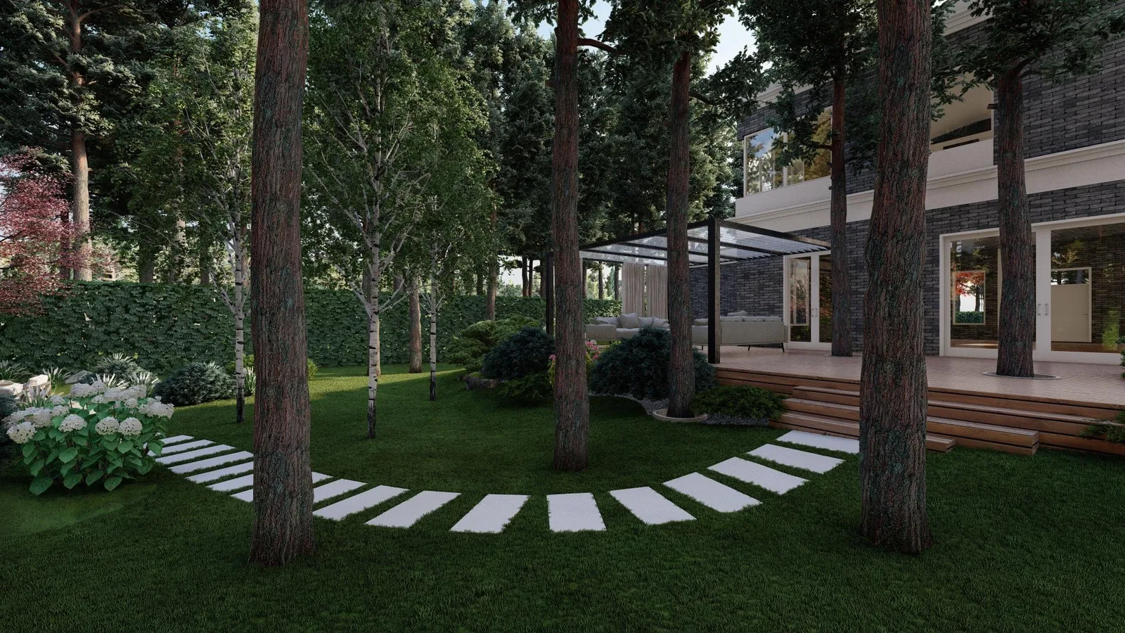 Render: Stepping path between the pines
