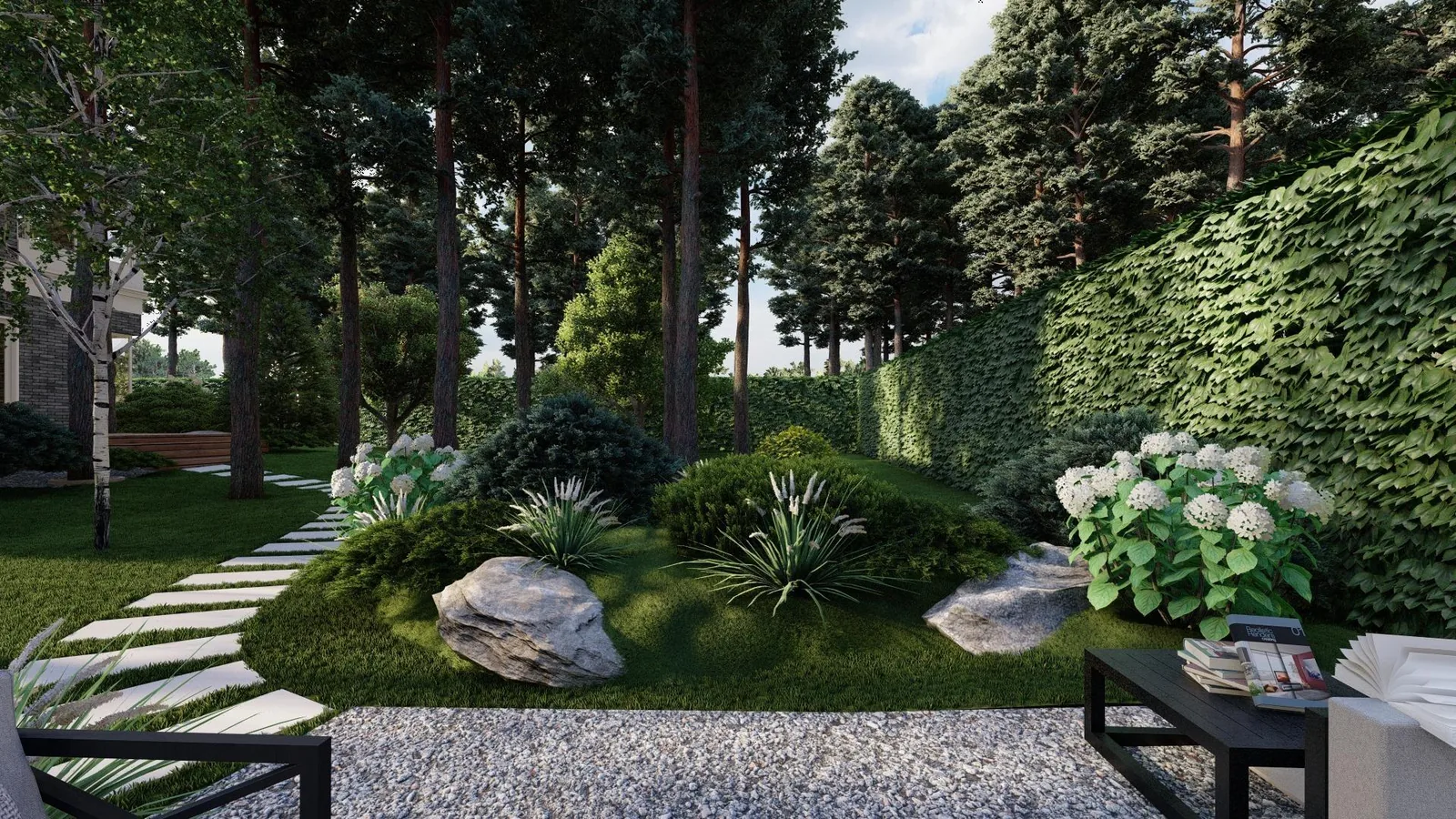 Render: Rock garden by the seating