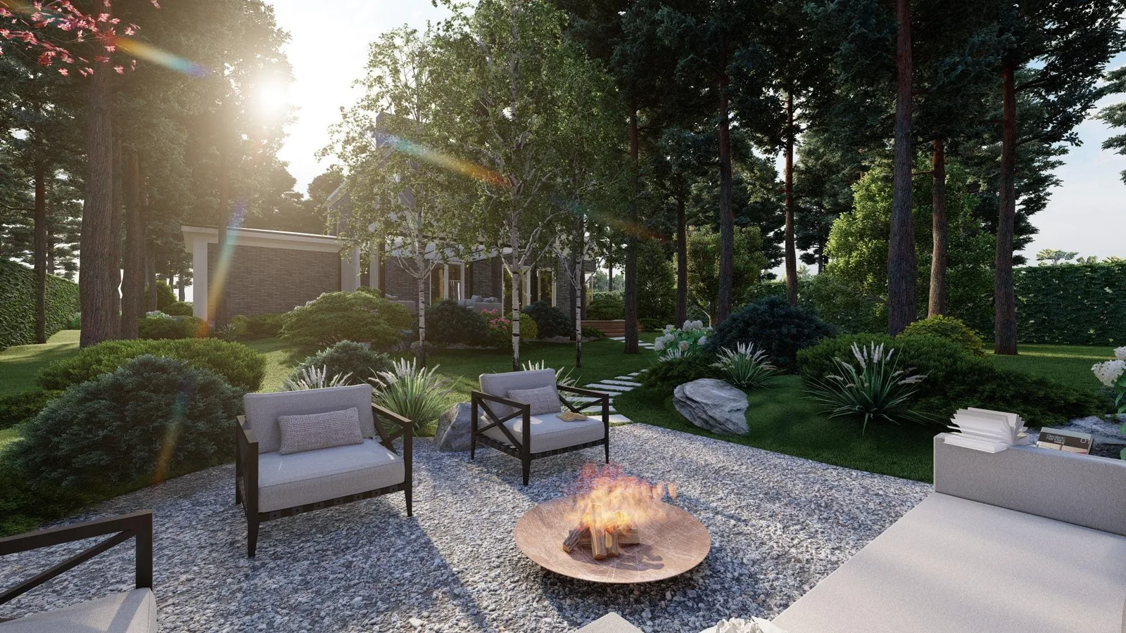 Render: Evening sun through the trunks