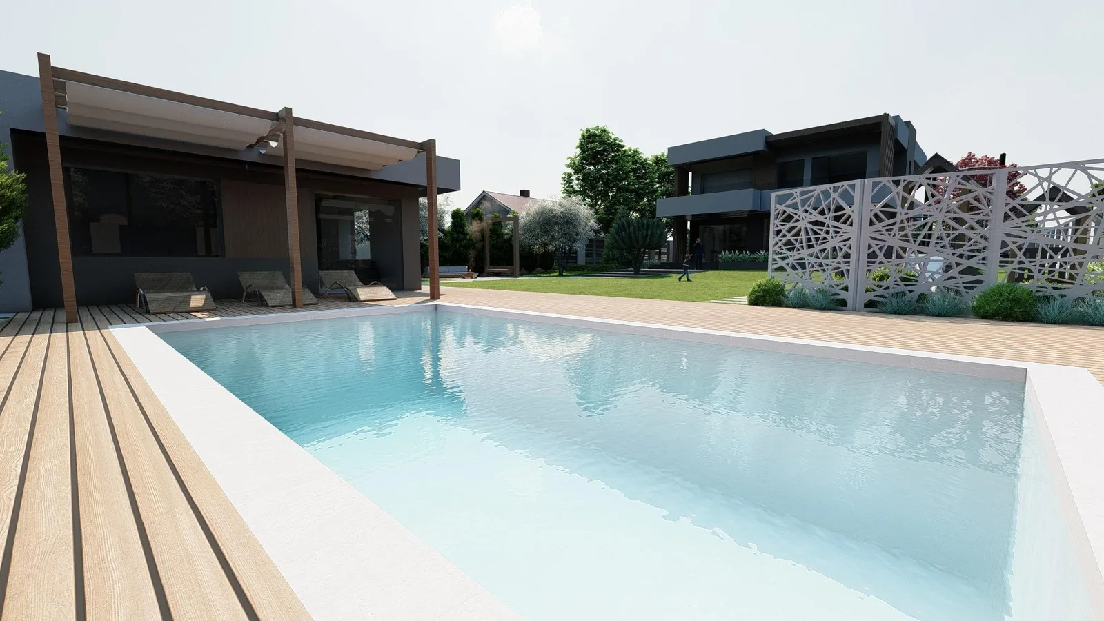 Render: Pool and pergola, seen from the lawn