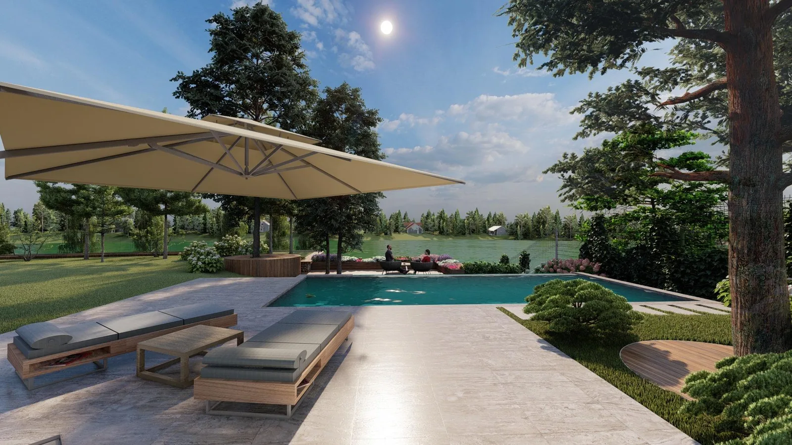 Render: Pool terrace and umbrella