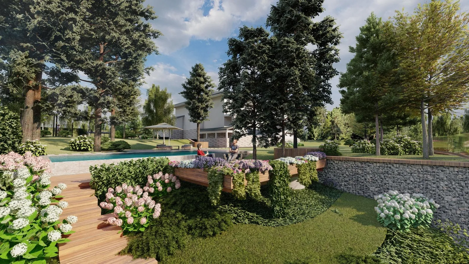 Render: Hydrangea over the gabion wall