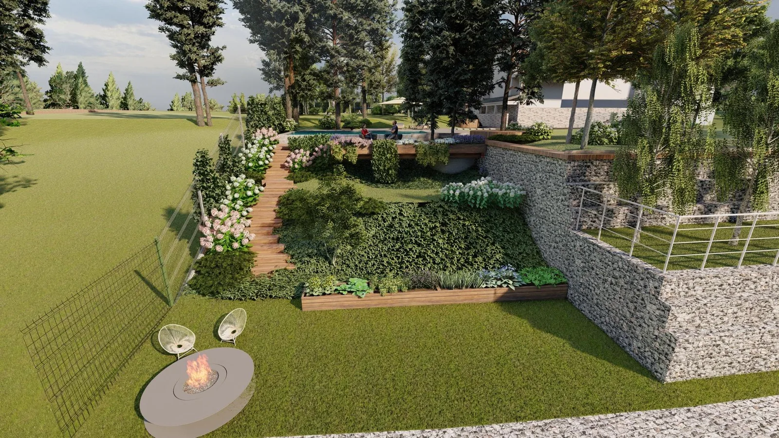 Render: Terraces and fire pit on the slope