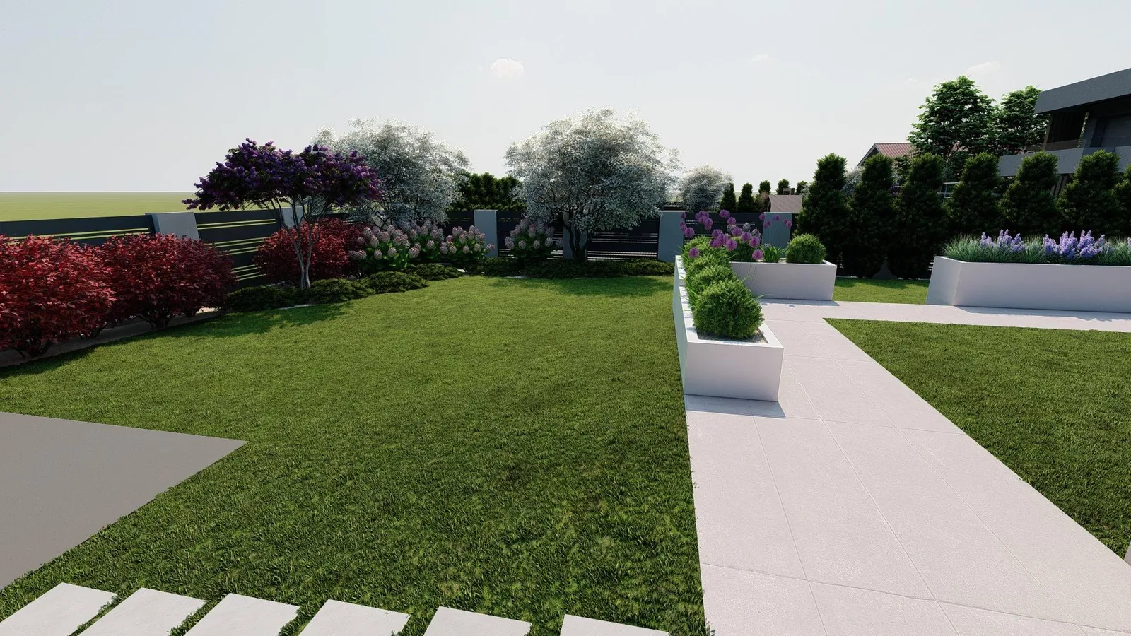 Render: Rear lawn and raised planters