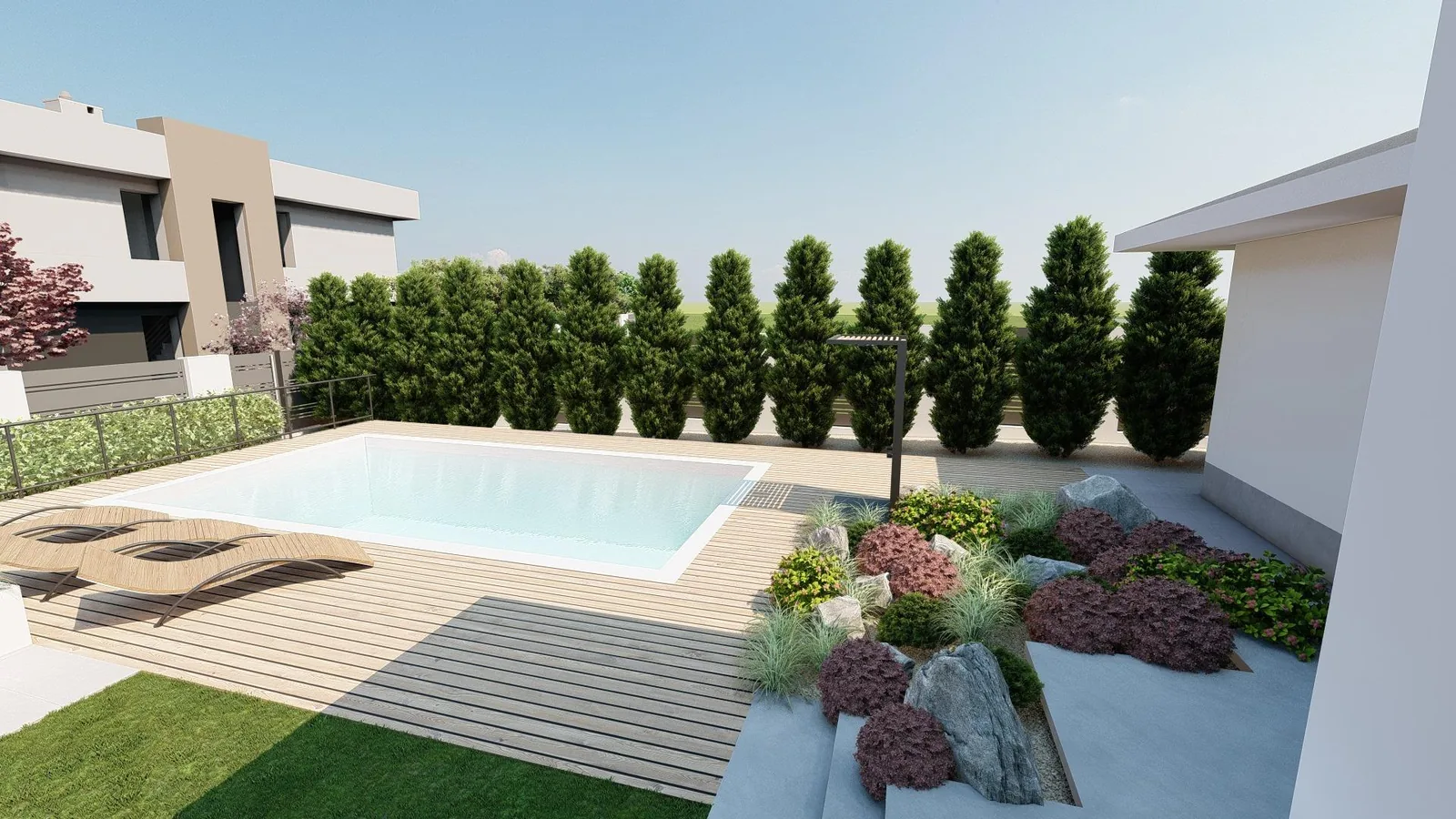 Render: Pool against the cypress hedge