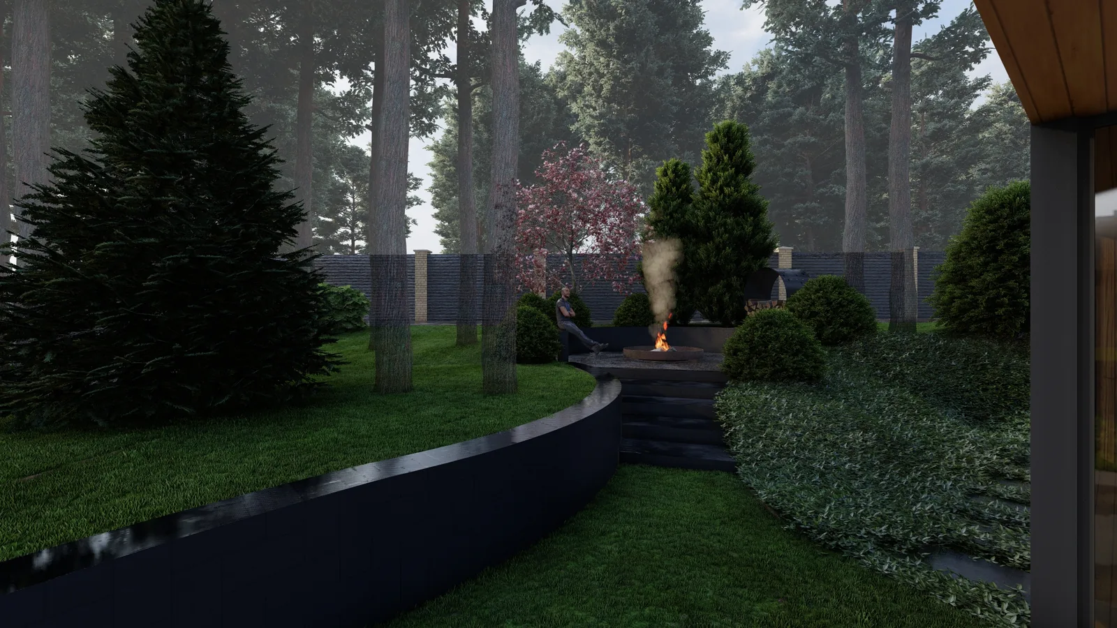 Render: The sunken fire court below the lawn