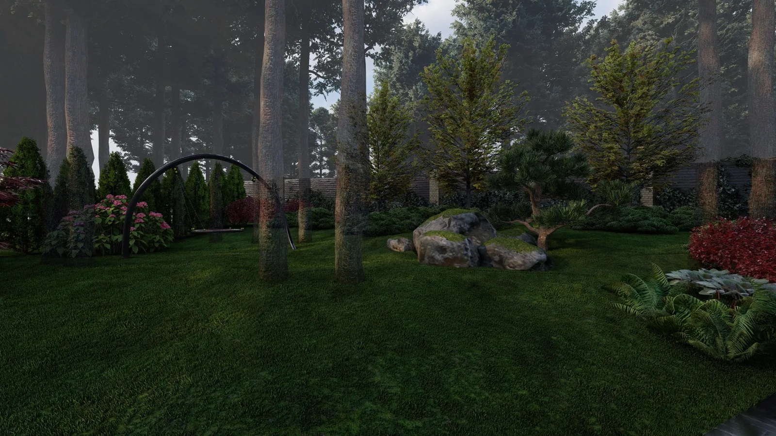 Render: Boulders and a swing among the pines