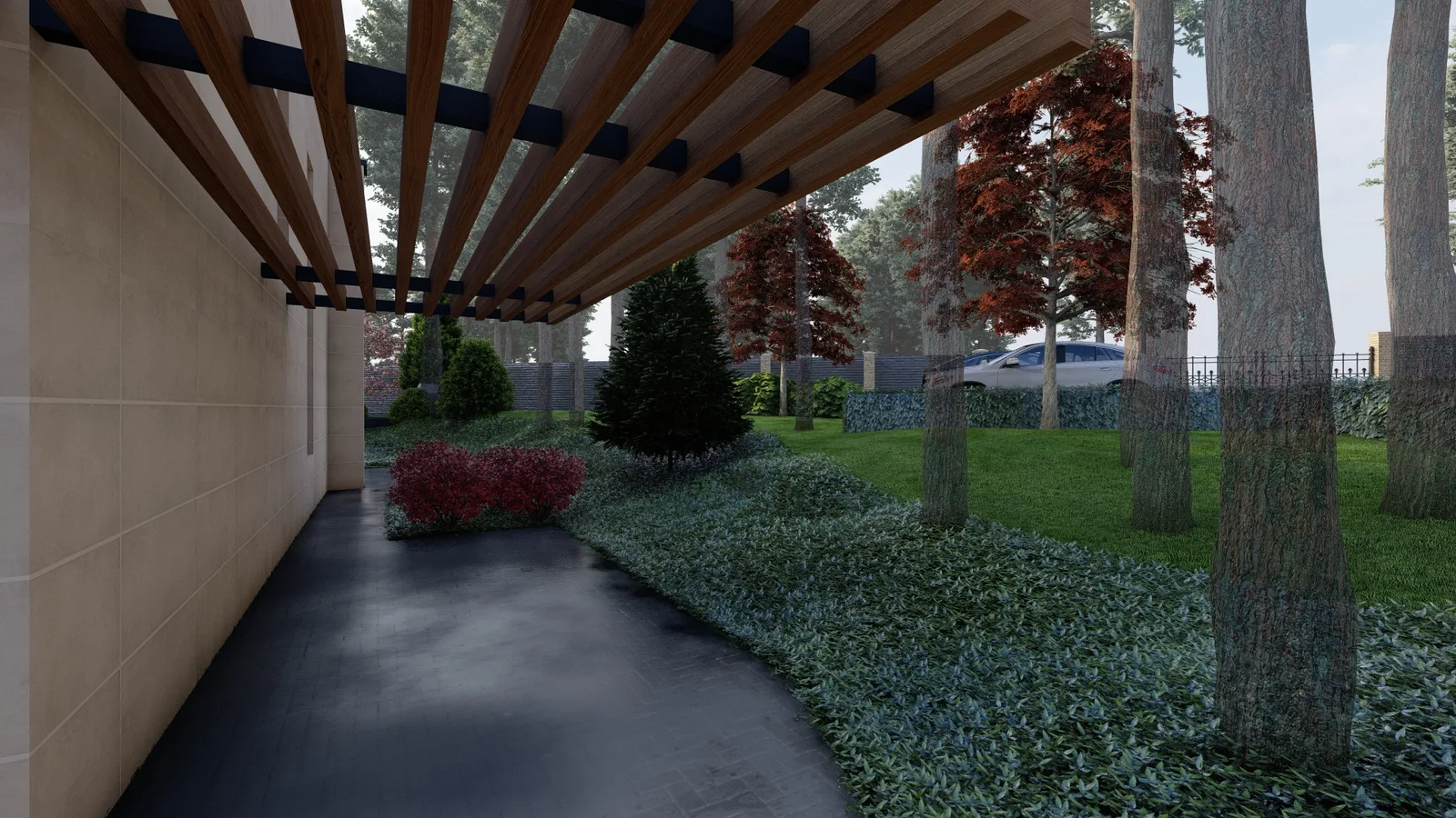 Concept render of a pergola walkway along a house in a pine wood