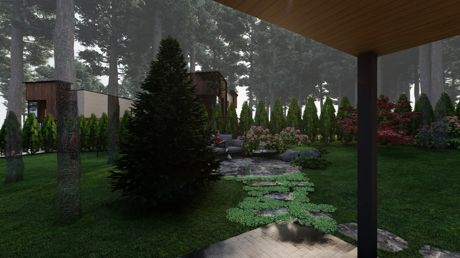 Render: Stepping stones in groundcover