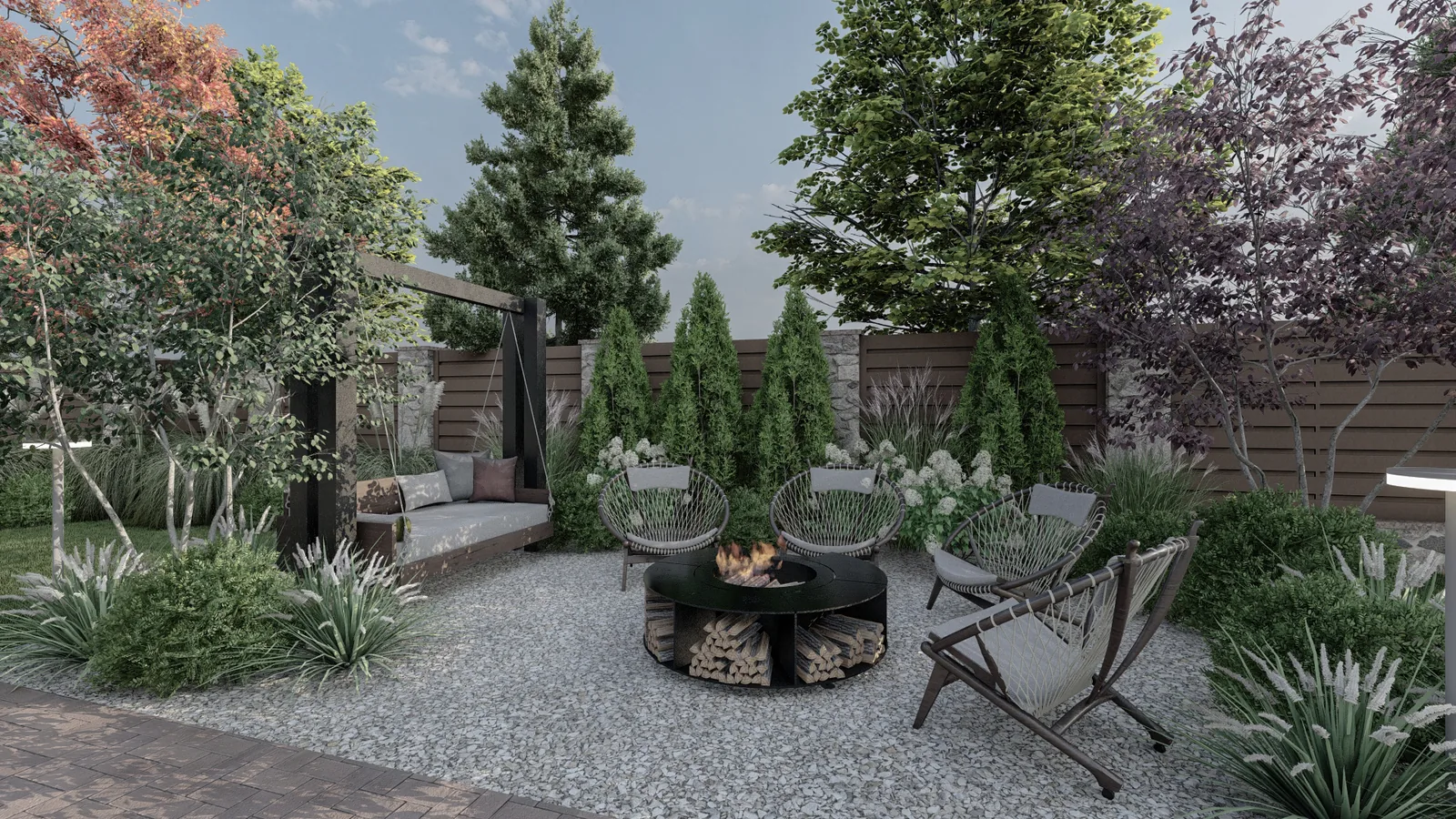 Render: Fire pit in the far corner