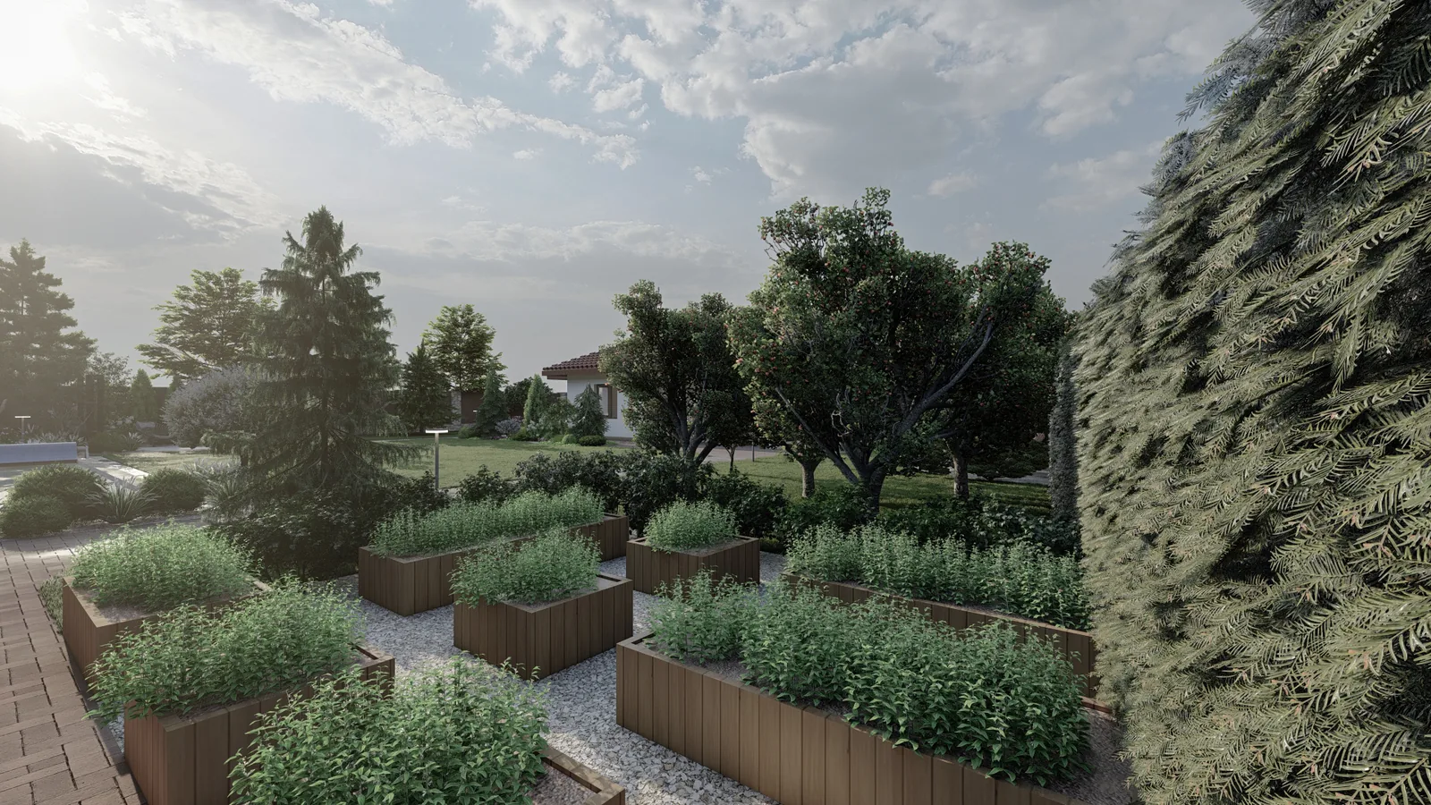 Render: Raised beds along the wall