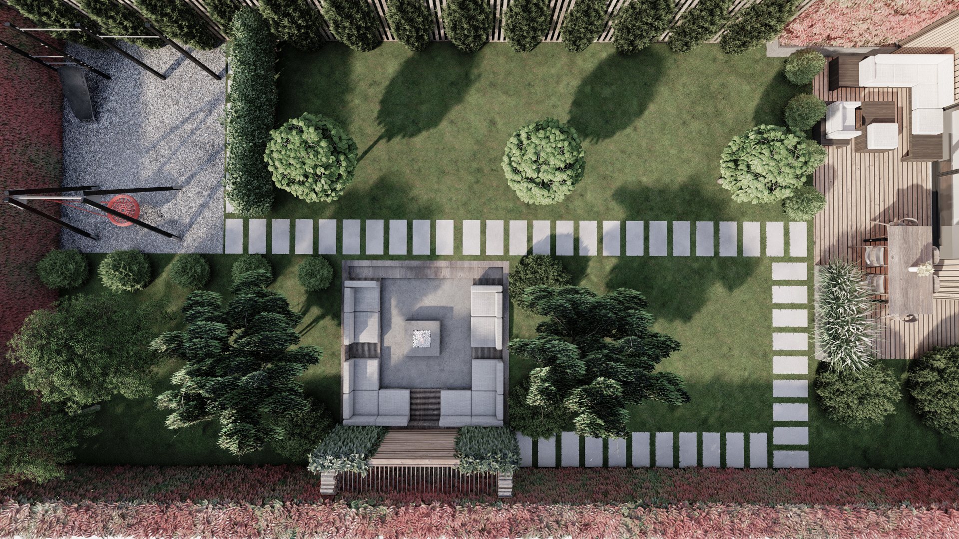 Aerial render of a residence with its grounds designed as one composition with the house, an Atelier Verte design study