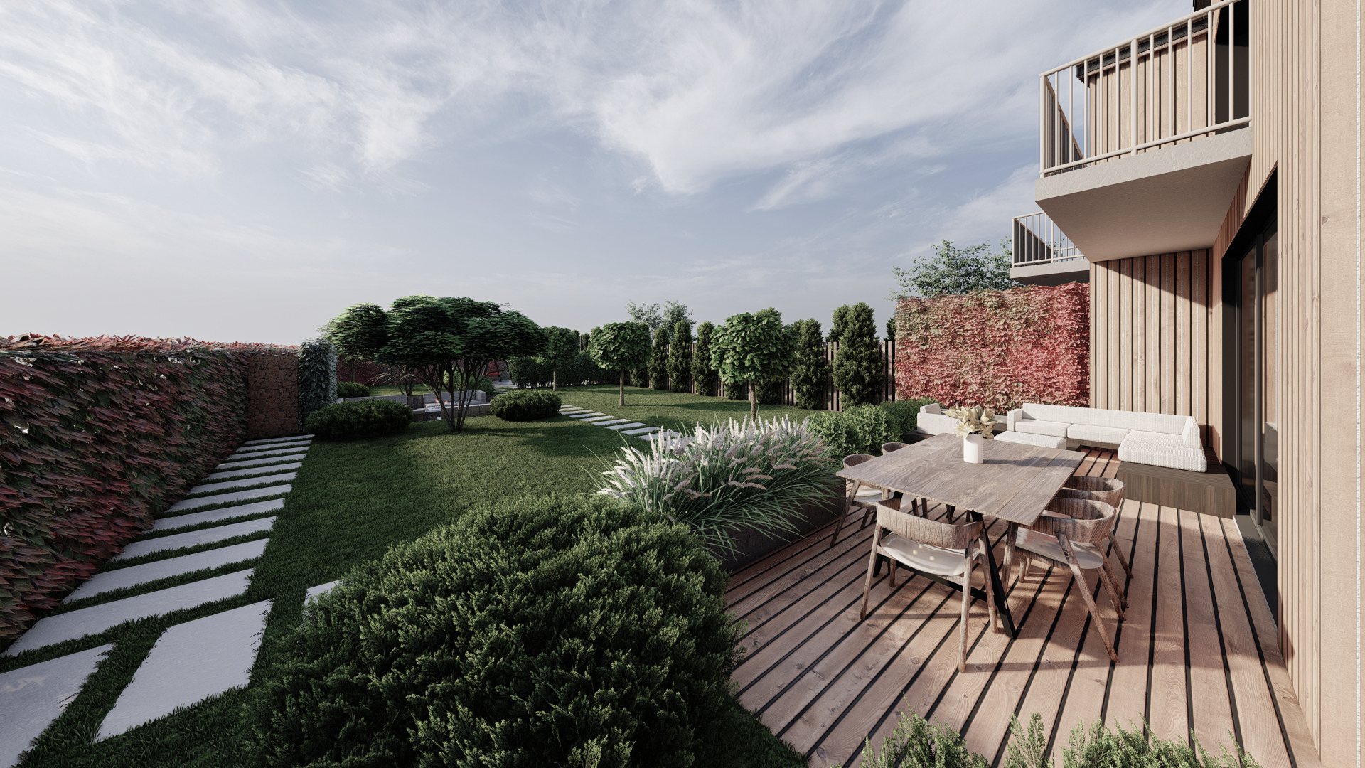 Rendered rear garden with lawn, stone path and outdoor dining