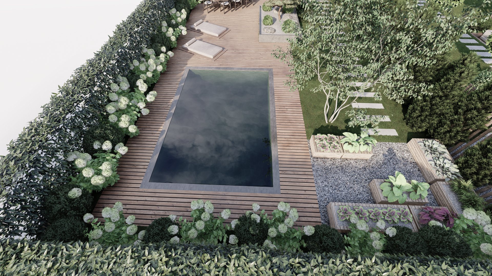 Rendered pool terrace with timber deck and clipped hedges