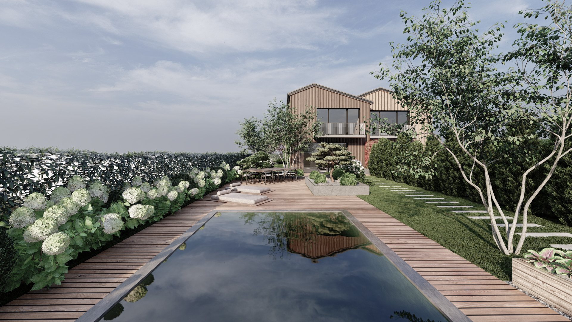 Rendered garden with reflecting water feature and specimen trees